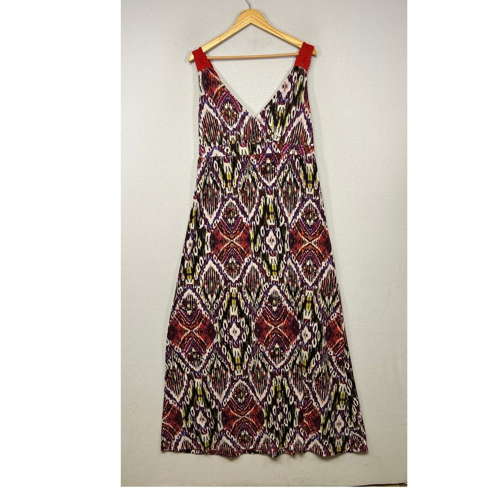 Boho Tribal Ikat Faded Glory Women XL Multi Color Crochet Strap Maxi Dress